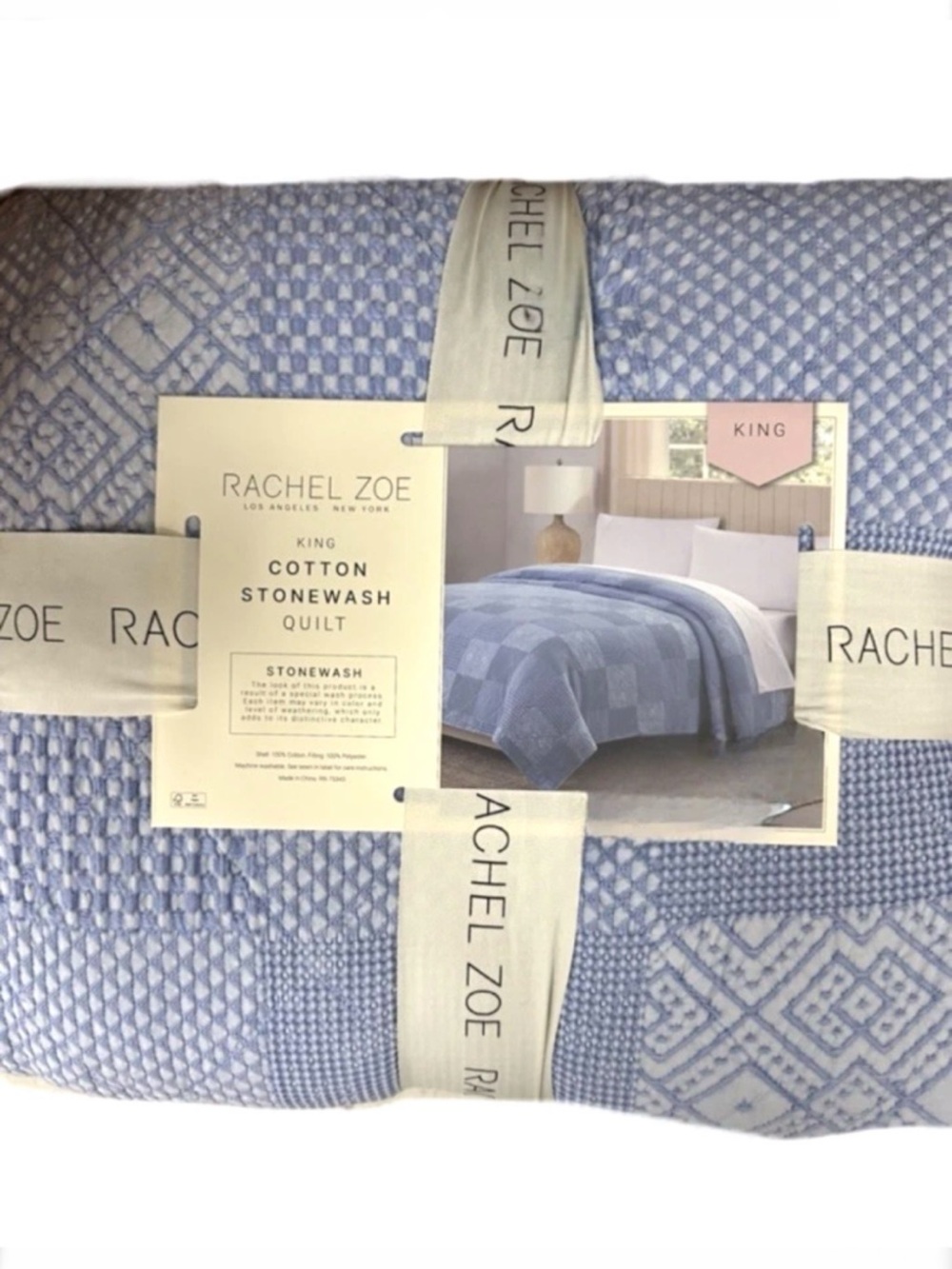 Rachel Zoe Cotton Stonewash Blue King Quilt 106”x92”